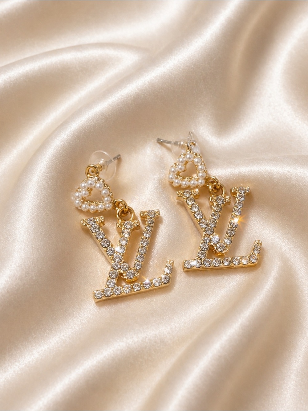 Gold Pearl Heart & Crystal Initial Drop Earrings